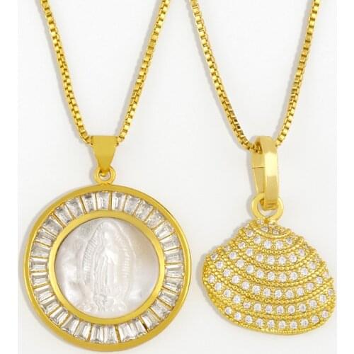 FLOLA Round Virgin Mary Necklace For Women Gold Crystal Conch Shell Pendant Necklace CZ Cubic Zirconia Statement Jewelry nker99