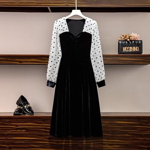 Plus Size Women vintage Spring Dress 2021 dot White Chiffon Long Sleeve Patchwork Black office Ladies Dresses L-4XL