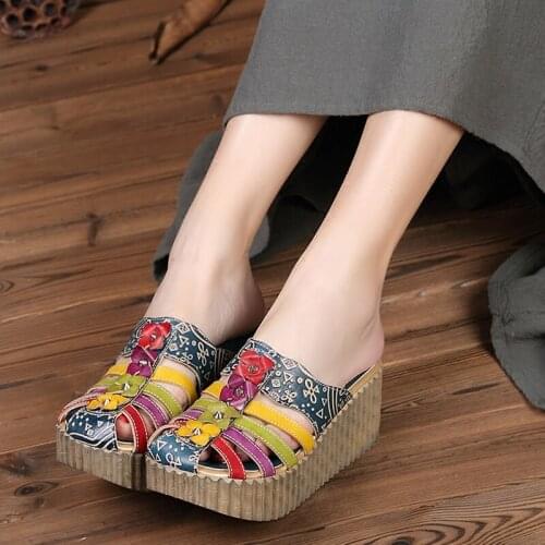 Flower Sandals Genuine Leather Shoes Woman Handmade Slides Flip Flops Platform Clogs for Women Sandals Plus Size Wedges Slippers