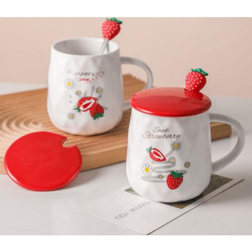 Cute Ceramic Mug with Lid Spoon Cartoon Strawberry Durian Water Cup Korean Summer Creative Couple Cups Coffee Milk Tea Mugs