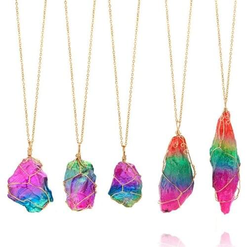 Random Shippment Gold Twist Chain Rainbow Stone Quartz Pendant Necklace For Women Gift with 55cm Chain