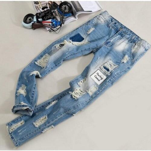 High Quality 2020 Fashion Hole Straight Cotton Denim Trousers streetwear Slim Biker Hip Hop Ripped Overalls patch jeans Men