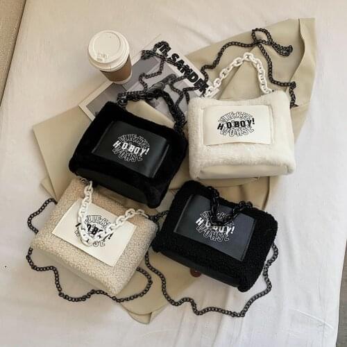 Fashion Rabbit Fur Thick Chain Messenger Bag Women Autumn Winter Lamb Fleece Street Shoulder Handbags Solid Color Casual Purse