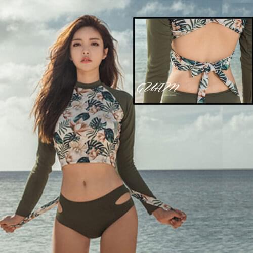 Womens Two-piece Rash Guards Long Sleeve Swimsuit Crop Push Up Top Cutout Bottom Print High Neck Sun UV Protection Backless