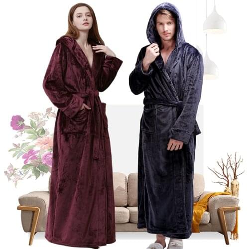 Women Winter Hooded Extra Long Thick Flannel Bath Robe Luxury Peignoir Warm Dressing Gown Men Bathrobe Bridesmaid Wedding Robes
