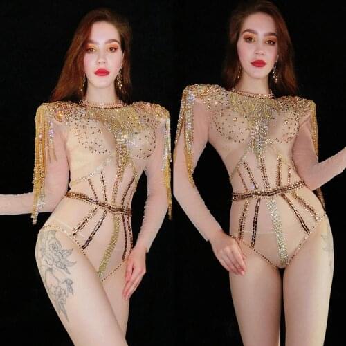 Women New Gold Fringes Sexy Shining Rhinestones Bodysuit Celebrate Stretch Stage Wear Birthday See Throught Transparent Bodysuit