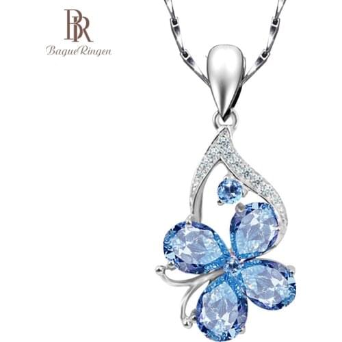 Bague Ringen Silver 925 Jewelry Clover Pendant Necklace for Women Water Drop Shaped Aquamarine Charms Butterfly Clavicle Chain