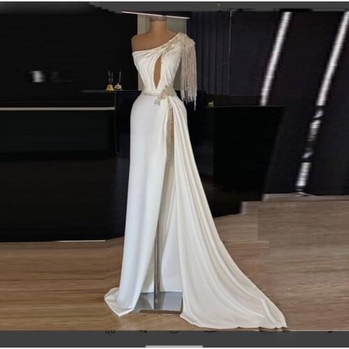 Elegant White Tassel One Shoulder Prom Dresses Sexy Side High Split Evening Gowns Sweep Train Robe De Soiree Formal Wear