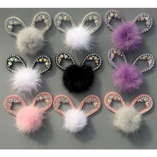 8Pcs 4.5*5.5cm Handmade Rhinestone Cat Ear Ball Appliques Patches For Clothing Hair Clip Headwear Crafts Decor Cap Accessories