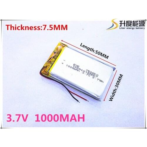 Free shipping Polymer battery 1000 mah 3.7V 753050 smart home MP3 speakers Li-ion battery for dvr,GPS,mp3,mp4,cell phone,speaker