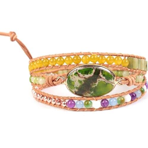 Big Green Emperor Stone Leather Wrap Bracelets for Girls Friend Geometric Natural Stone Boho Bracelet High End Femme Gift Spain