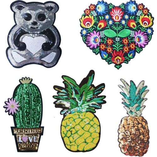 Big Sequin New Cartoon Bear Pineapple Cactus Flower Love Lovely Cloth Patch DIY Clothing Decoration Patch Embroidery iron Patch