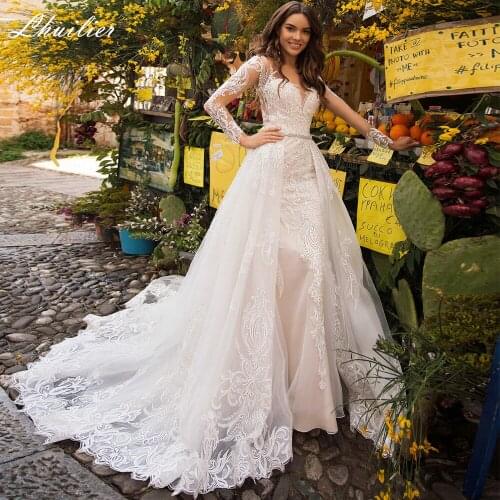 Lhuilier Elegant 2 in 1 Mermaid Wedding Dresses 2020 Floor Length Long Sleeves Lace Appliques Detachable Train Bridal Dress