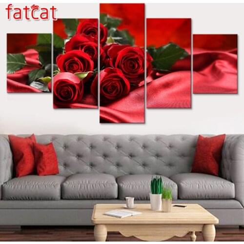 FATCAT Still life flower 5 Panel Diy Diamond Painting Full Square Round Drill Diamond Embroidery Sale Red Rose Home Decor AE916