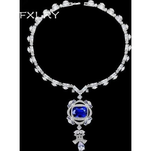 FXLRY High Quality Europe And America Ocean Heart Dark Blue Jewelry Necklace AAA Cubic Zirconia Bridal Wedding Luxury Jewelry