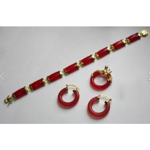 Natural Light Green Red Jade Dragon Pendant Necklace Earrings Bracelet Set