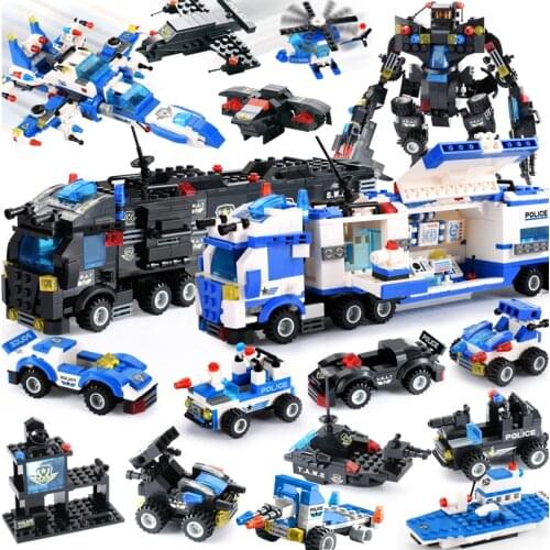 825+PCS Creative City Police Building Blocks 8 in 1/6 In 1 Robot Helicopter Police Station Figures Blocks DIY Bricks Kids Toys