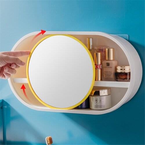 Cosmetic Storage Box With Flexible Mirror Punching Free Storage Rack Wall-mounted Rack Dressing Table Lipstick Storage Organizer