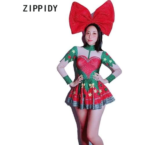 Fashion Bright Red Green Rhinestones Spandex Dress Women Celebrate Dress Female Singer Costume Nightclub Dance Outfit Dress
