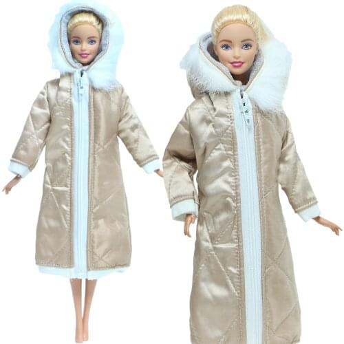 Fashion Champagne Color Winter Long Coat Zipper Parkas Tops Dress Clothes for Barbie Doll Accessories Kids Toy