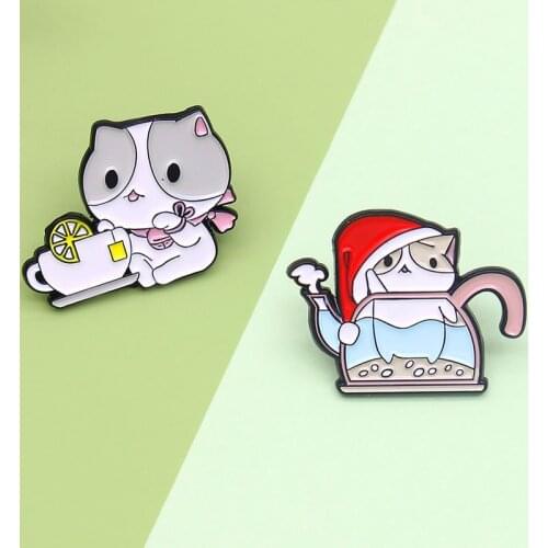 Cartoon Fun Animal Cat Enamel Brooch Teapot Lemon Cup Play Alloy Brooch Punk Badge Cute Accessories Woman Jewelry Gift For Kid