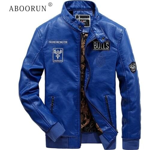 ABOORUN Motorcycle Leather Jacket Mens Fashion Embroidery Leather Jackets Spring Autumn Leather Coat for Male P8025