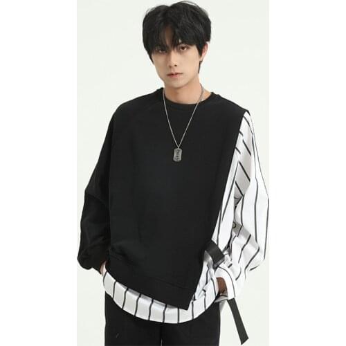 Men stripe patchwork fake two piece hip hop sweatshirt mens side ribbon buckle oversize hoodie harajuku punk sweat shirt