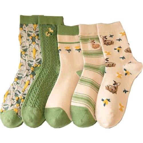 4 Pairs Women Socks Set Autumn Green Fawn Floret Embroidery Twist Printing Mori Breathable Soft Girl Harajuku Patchwork Gift