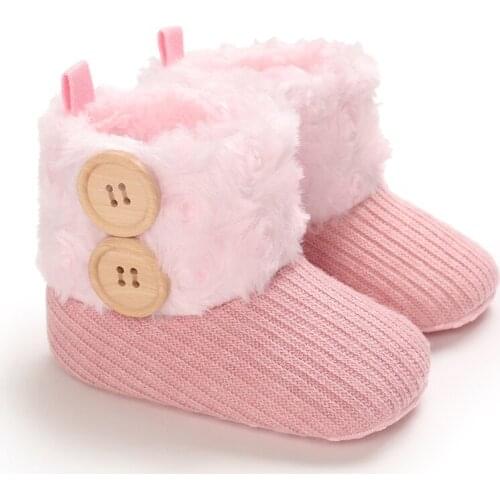 2021 New Lovely Little Baby Snow Boots Soft Sole Anti-Slip Infant Winter Warm Fur Knit Booties with 2 Buttons