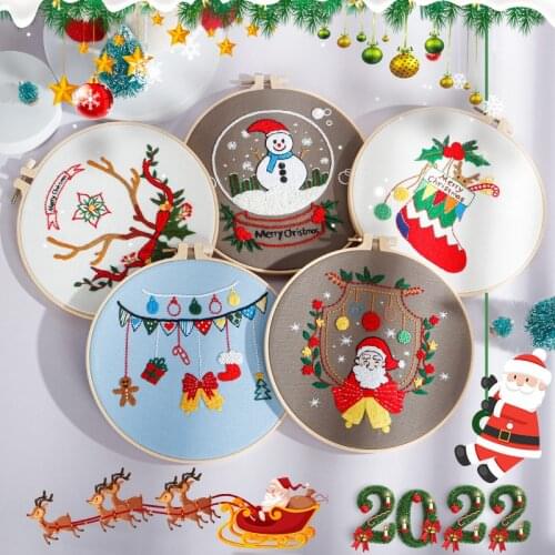 2021 New DIY Christmas Embroidery Art Kit for Beginner Bamboo Hoop Needlework Pattern Printed Cross Stitch Set Sewing Art Craft