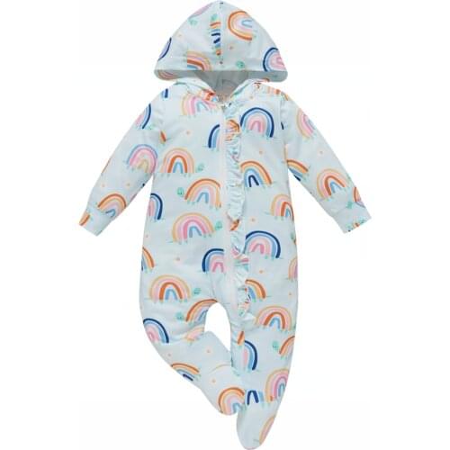 Citgeett Autumn Infant Baby Girls Boys Casual Long Sleeve Footed Jumpsuit Fresh Rainbow Print Zipper Hooded Romper Clothes