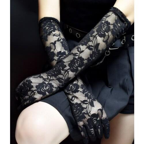 43cm Sexy Lace Flower Thin Black Hollow Transparent Long Gloves Soft Breathable Women Summer Cover Scars Performance Party