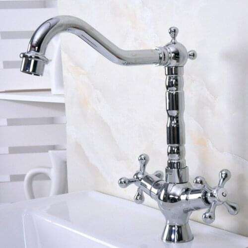 Polished Chrome Brass Two Cross Handles One Hole Bathroom Basin Kitchen Sink Swivel Spout Faucet Mixer Tap mnf922