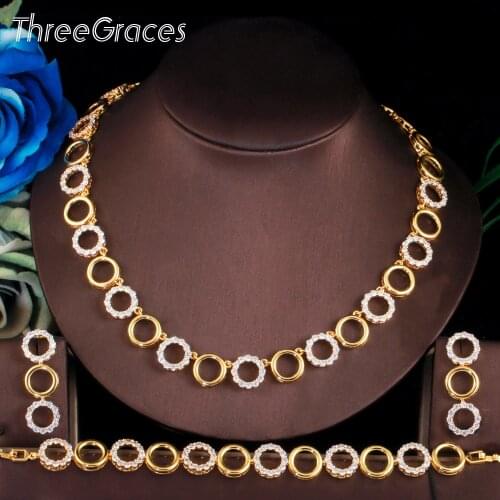 ThreeGraces Gorgeous 3Pcs CZ Dubai Gold Circle Link Chain Bracelet Necklace Earrings Jewelry Set Women Party Accessories TZ596