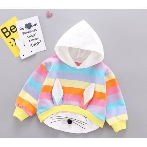 Rainbow Striped Baby Girls Sweatshirts Spring Fall Hooded Casual Sweatshirt for Infant Girl Rabbit Ear Cute Newborns Tops