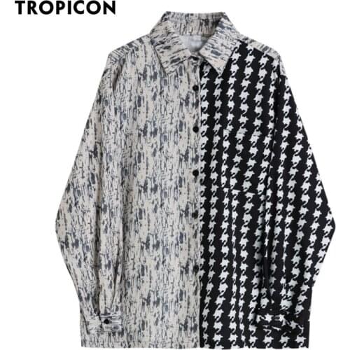 TROPICON Harajuku Patchwork Shirt Designer Button Up Collared Shirt Long Sleeve Plaid Fashion Top Japanese Streetwear Clothing