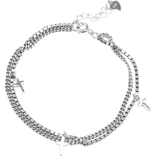 Vintage 925 Sterling Silver Double Layer Box Chain Tassel Cross Charm Bracelet &Bangle For Women Wedding Jewelry Party SL015