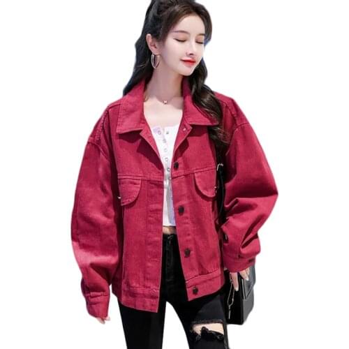 2021 New Wine Red Denim Jacket Women Fried Street Casual Basic Outerwear Spring Autumn Short Denim Tooling Jackets Trench Coat