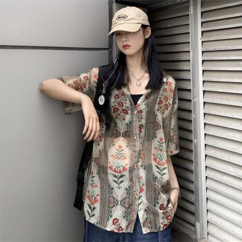 2021 Summer Fashion New Style Loose Large Size Lapel Short Sleeve Chiffon Korean Retro Printed Shirt Ladies Top Trend H156