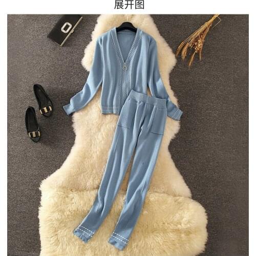 Amolapha Women Zip Sweaters+Pants Sets V Neck Long Sleeve Woman Knit Jackets Coats Trousers Suits