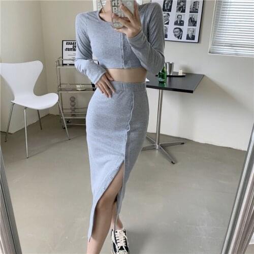 Fashion Vintage Casual Long Sleeve Women Button Crop Short Tops Streetwear Cardigan Coat High Waist Skirt Female 2 Pieces Set