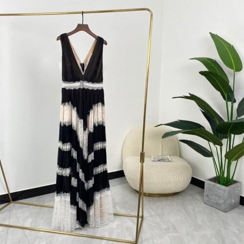 Women Fashion Elegant Sex Lace Strip Patchwork V-neck Sleeveless Ankle Length Dresses Haute Couture Party Gowns 2021 Summer New