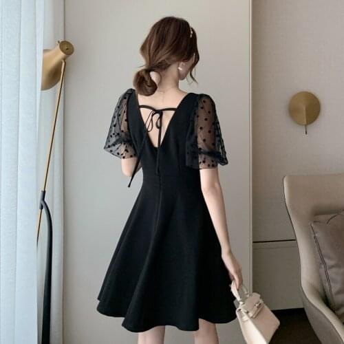 Womens summer sweety black dress slim waist mesh stitching dress