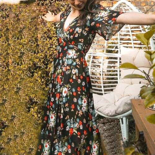 Courtney Wrap Midi Dress Women Summer Short Sleeve V neck Floral Printed Chic Dresses Silk Vintage Casual Dress 2020