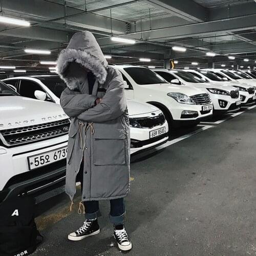 Winter Mens Long Loose Parkas Coat Big Pockets Hooded Fur Collar Casual Warm Outwear Black Gray J10