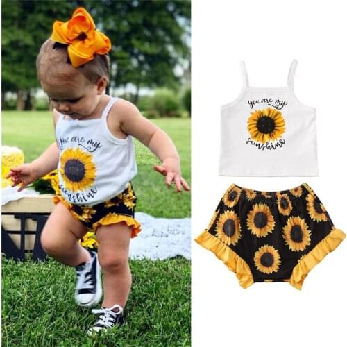 Free shipping Toddler Baby Kid Girl clothes off shoulder pullover strap Geometry Vest Flower print Ruffle Shorts 2pc cute outfit