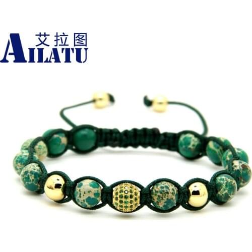 Ailatu 10pcs/lot 8mm Green Sea Sediment Stone Green Micro Pave Cz Beads European American Macrame Bracelets Girls Women Gift