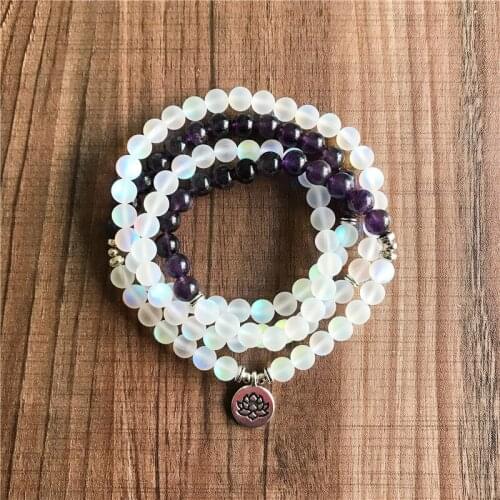 108 Mala Beads Bracelet Purple Quartz & Mystic Aura Quartz Bracelet Healing bracelets Meditation Jewelry Lotus Yoga Jewelry
