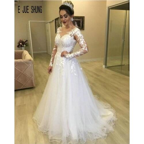 E JUE SHUNG Elegant Lace Long Sleeve Wedding Dresses Scoop Neck Open Back with Button Appliques Bridal Gowns robe de mariee