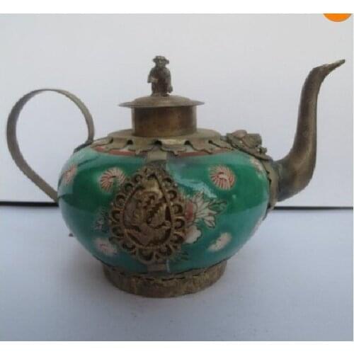 Tibet silver carving Chinese Old Silver Porcelain Teapot monkey Lid shipping tools wedding Decoration Brass